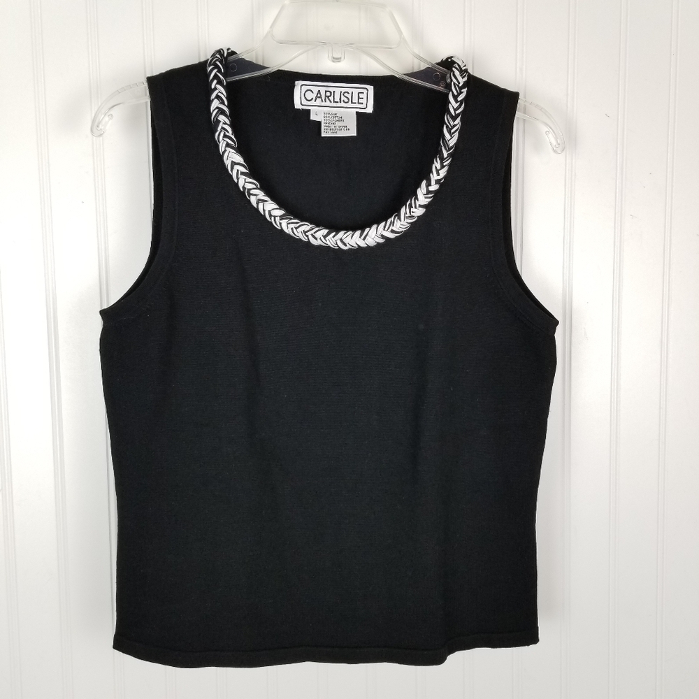 Carlisle Silk Sleeveless Sweater Top Womens Large Black Braided Neckline Stretch - Picture 7 of 7